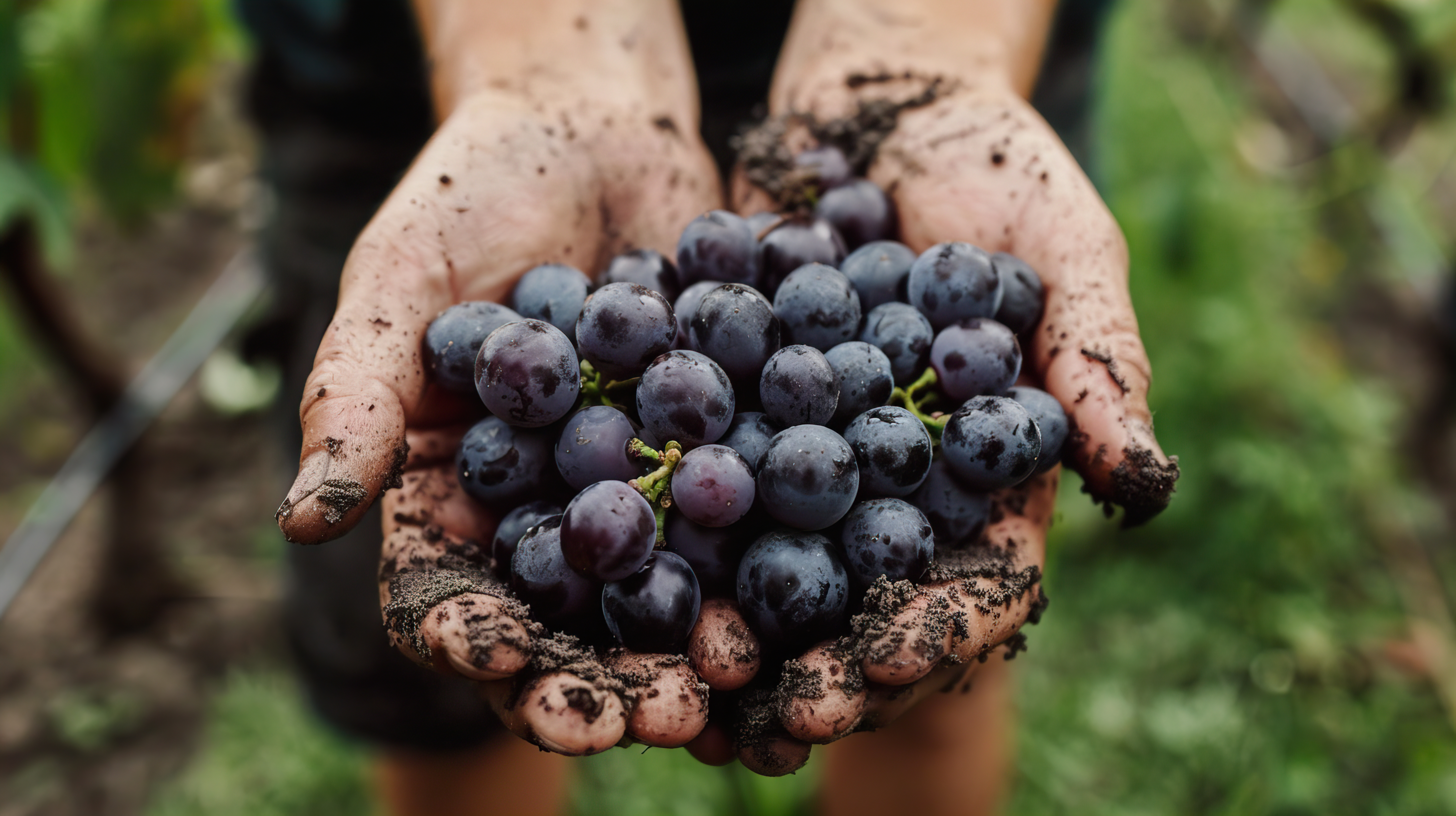 person-holding-bunch-grapes-that-has-dirt-their-hands